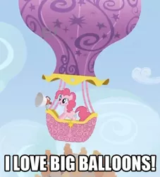 Size: 566x623 | Tagged: announcement, balloon, derpibooru import, hot air balloon, image macro, innuendo, loudhailer, pinkie pie, safe, twinkling balloon