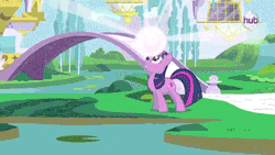 Size: 384x216 | Tagged: animated, bipedal, derpibooru import, edit, edited screencap, haters gonna hate, hub logo, safe, screencap, spoiler:s03, standing, standing on one leg, teleportation, the crystal empire, the failure song, twilight sparkle, waterlily