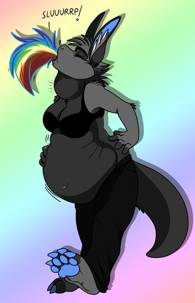 Size: 600x932 | Tagged: anthro, artist:muzz, belly, breasts, cleavage, derpibooru import, drool, female, fetish, furry, non-mlp oc, oc, paws, questionable, rainbow dash, tail sticking out, throat bulge, underpaw, vore