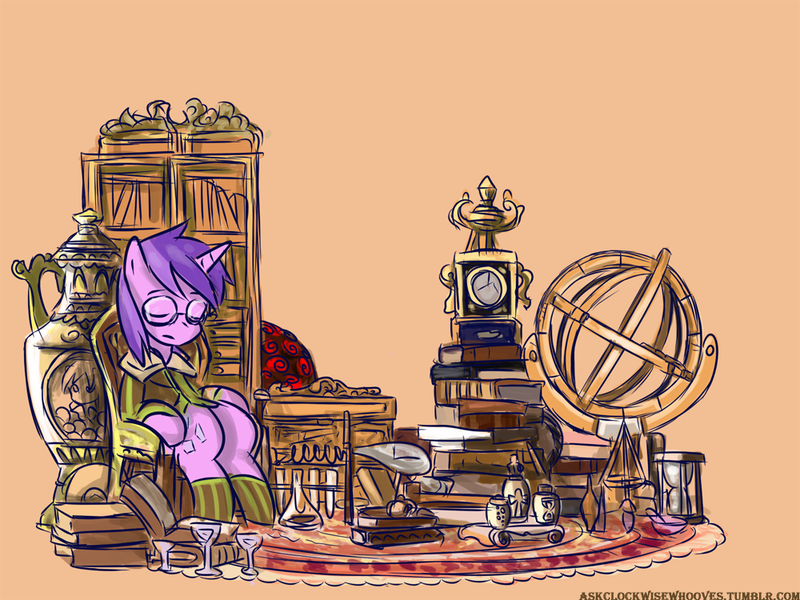 Size: 1000x750 | Tagged: dead source, safe, artist:saturnspace, derpibooru import, amethyst star, pony, unicorn, armillary sphere, book, bookcase, chair, clock, clothes, erlenmeyer flask, female, glass, glasses, hourglass, jar, mare, mortar and pestle, retort, rug, simple background, sitting, sleeping, socks, striped socks, test tube, vase, vest