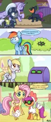 Size: 600x1425 | Tagged: safe, artist:solar-slash, derpibooru import, derpy hooves, fluttershy, rainbow dash, scootaloo, chicken, pegasus, pony, female, mare, royal guard, scootachicken, stalkerloo