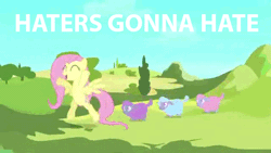 Size: 440x248 | Tagged: animated, bipedal, derpibooru import, edit, edited screencap, ewe, eyes closed, fluttershy, haters gonna hate, prancing, safe, screencap, sheep, skipping, spoiler:s03, the ballad of the crystal empire, the crystal empire, tiny ewes