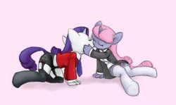 Size: 1088x650 | Tagged: suggestive, artist:carnifex, artist:deeriojim, derpibooru import, rarity, oc, oc:velvet, anthro, canon x oc, clothes, female, kissing, lesbian, shipping