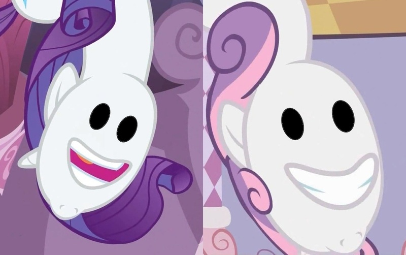 Size: 1330x834 | Tagged: cannot unsee, derpibooru import, edit, edited screencap, nightmare fuel, not salmon, rarity, safe, screencap, sweetie belle, wat