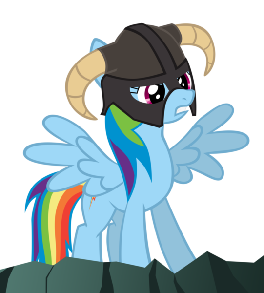 Size: 848x941 | Tagged: safe, artist:mrlolcats17, derpibooru import, rainbow dash, pegasus, pony, female, helmet, horned helmet, mare, simple background, skyrim, solo, spread wings, the elder scrolls, transparent background, vector, wings