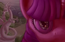 Size: 1125x732 | Tagged: artist:maxtaka, close-up, derpibooru import, discord, grimdark, reflection, statue, twilight sparkle