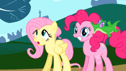 Size: 854x480 | Tagged: safe, derpibooru import, screencap, fluttershy, gummy, pinkie pie, pony, may the best pet win, animated