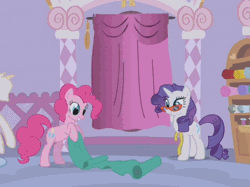 Size: 484x362 | Tagged: animated, art of the dress, bipedal, cropped, curtains, derpibooru import, duo, glasses, measuring tape, messy mane, pinkie pie, rarity, rarity's glasses, safe, screencap, silly, suited for success, sunlight