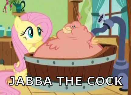 Size: 430x312 | Tagged: safe, derpibooru import, edit, edited screencap, screencap, fluttershy, philomena, bird, hutt, phoenix, pony, a bird in the hoof, duo, female, inflation, jabba the hutt, mare, star wars, swollen, tub