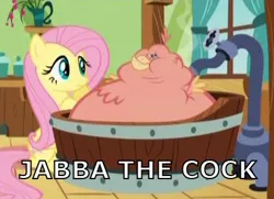 Size: 430x312 | Tagged: safe, derpibooru import, edit, edited screencap, screencap, fluttershy, philomena, bird, hutt, phoenix, pony, a bird in the hoof, duo, female, inflation, jabba the hutt, mare, star wars, swollen, tub