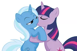 Size: 3000x2000 | Tagged: safe, artist:grumblepluck, derpibooru import, trixie, twilight sparkle, pony, unicorn, female, high res, kissing, lesbian, shipping, simple background, twixie, unicorn twilight, white background