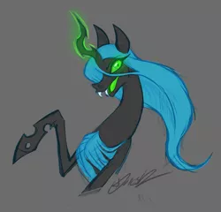 Size: 1280x1227 | Tagged: safe, artist:tychosexual, derpibooru import, queen chrysalis, changeling, changeling queen, bust, fangs, female, glowing horn, gray background, image, looking at you, open mouth, png, raised hoof, signature, simple background, smiling, solo