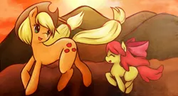 Size: 1166x631 | Tagged: apple bloom, applejack, artist:monochromaticbay, derpibooru import, running, safe