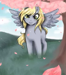 Size: 852x960 | Tagged: safe, artist:mscootaloo, derpibooru import, derpy hooves, pegasus, pony, cherry blossoms, female, mare, solo
