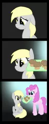 Size: 900x2260 | Tagged: safe, artist:lolepopenon, derpibooru import, derpy hooves, pinkie pie, pegasus, pony, comic, crying, female, happy, mare, mouth hold, muffin, sad, smiling