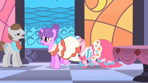 Size: 576x324 | Tagged: safe, derpibooru import, screencap, north star, pinkie pie, star gazer, earth pony, pony, the best night ever, animated, butthug, clothes, d:, do not want, dress, eyes closed, faceful of ass, female, frown, gala dress, looking back, male, mare, non-consensual butt fondling, non-consensual cuddling, non-consensual nuzzling, nuzzling, open mouth, out of context, personal space invasion, plot, raised hoof, smiling, stallion, uvula