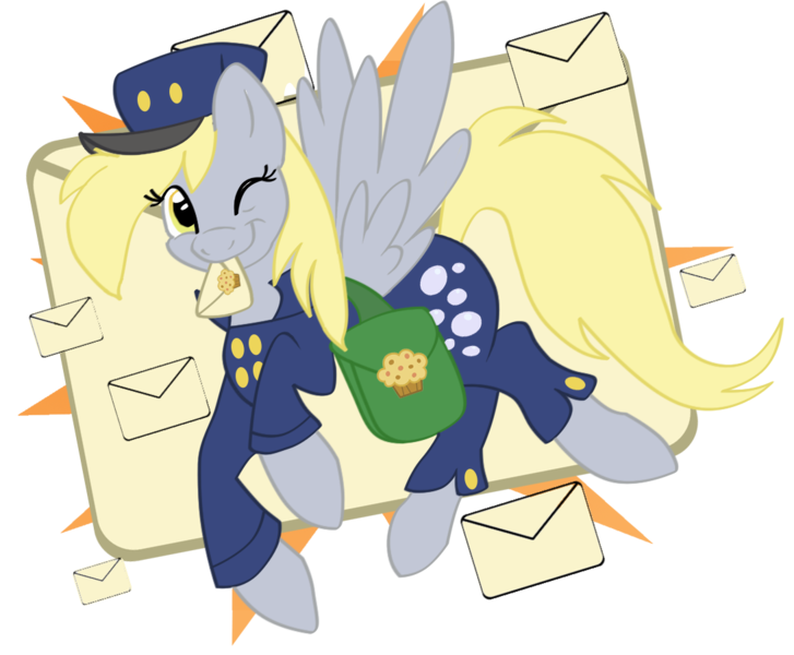 Size: 1092x901 | Tagged: safe, artist:cluttercluster, derpibooru import, derpy hooves, pegasus, pony, bag, clothes, female, hat, letter, mare, mouth hold, solo, uniform, wink