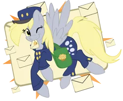 Size: 1092x901 | Tagged: safe, artist:cluttercluster, derpibooru import, derpy hooves, pegasus, pony, bag, clothes, female, hat, letter, mare, mouth hold, solo, uniform, wink