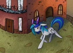 Size: 1024x748 | Tagged: artist:divinisity, city, derpibooru import, exterior, safe, scenery, solo, street, town, vinyl scratch
