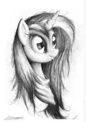 Size: 635x900 | Tagged: artist:huussii, bust, derpibooru import, grayscale, monochrome, profile, rarity, safe, solo, traditional art, wet, wet mane, wet mane rarity