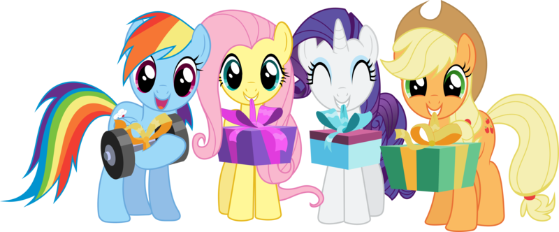 Size: 7215x2997 | Tagged: safe, artist:tgolyi, derpibooru import, applejack, fluttershy, rainbow dash, rarity, earth pony, pegasus, pony, unicorn, .svg available, holding, holding a present, holding some weight, mouth hold, present, simple background, transparent background, vector, weight