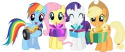 Size: 7215x2997 | Tagged: safe, artist:tgolyi, derpibooru import, applejack, fluttershy, rainbow dash, rarity, earth pony, pegasus, pony, unicorn, .svg available, holding, holding a present, holding some weight, mouth hold, present, simple background, transparent background, vector, weight