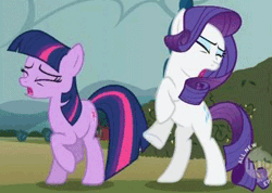 Size: 380x270 | Tagged: safe, derpibooru import, edit, edited screencap, screencap, rarity, twilight sparkle, pony, the return of harmony, animated, cropped, duo, eyes closed, female, hoofy-kicks, hub logo, mare, missing horn, open mouth, rearing, trotting, trotting in place