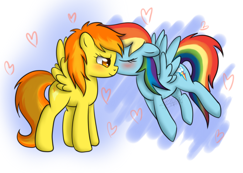 Size: 900x643 | Tagged: safe, artist:maplesunrise, derpibooru import, rainbow dash, spitfire, pegasus, pony, blushing, duo, eyes closed, female, flying, heart, kissing, lesbian, mare, shipping, simple background, spitdash, white background