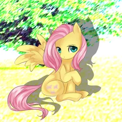 Size: 1000x1000 | Tagged: safe, artist:shlebby, derpibooru import, fluttershy, pegasus, pony, female, head turn, looking at you, mare, raised hoof, sitting, solo, spread wings, wings