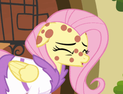Size: 652x500 | Tagged: animated, bathrobe, clothes, cropped, derpibooru import, eyes closed, floppy ears, fluttershy, hurricane fluttershy, pony pox, robe, safe, screencap, sick, sneezing, solo