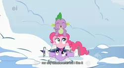 Size: 636x352 | Tagged: derpibooru import, ei, hub logo, pinkie pie, safe, screencap, spike, twilight sparkle, winter wrap up, youtube caption