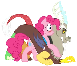 Size: 900x765 | Tagged: safe, artist:bux, derpibooru import, discord, pinkie pie, blushing, discopie, female, male, shipping, straight