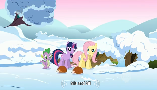 Size: 624x356 | Tagged: derpibooru import, ei, fluttershy, hedgehog, hub logo, safe, screencap, snow, spike, twilight sparkle, winter wrap up, youtube caption