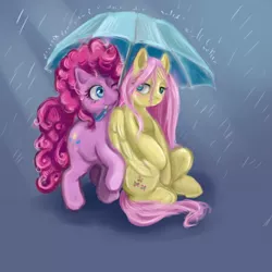 Size: 604x604 | Tagged: safe, artist:sunshine, derpibooru import, fluttershy, pinkie pie, earth pony, pegasus, pony, female, flutterpie, folded wings, lesbian, looking at each other, mare, mouth hold, rain, shipping, sitting, umbrella, wings