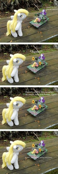 Size: 792x2376 | Tagged: safe, artist:eratosofcyrene, derpibooru import, derpy hooves, fluttershy, rarity, pegasus, pony, toy pony, female, irl, mare, photo, plushie, tank (vehicle), toy, toy comic