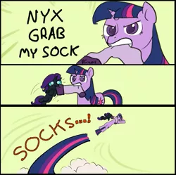Size: 679x675 | Tagged: artist:valcron, clothes, comic, derpibooru import, exploitable meme, flying, grab my meme, gritted teeth, meme, mouth hold, nom, oc, oc:nyx, safe, serious face, socks, twilight sparkle