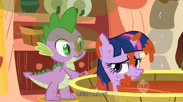 Size: 638x356 | Tagged: bath, bathtub, britain, british, clothespin, derpibooru import, ei, hub logo, safe, screencap, skunk spray, smell, smelly, spike, tomato juice, twilight sparkle, visible stench, winter wrap up, youtube caption