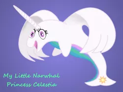 Size: 1000x750 | Tagged: safe, artist:toastiestzombie, derpibooru import, princess celestia, narwhal, open mouth, smiling, species swap, spread wings, wings