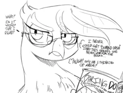 Size: 800x600 | Tagged: dead source, safe, artist:sunibee, derpibooru import, daring do, gilda, rainbow dash, gryphon, black and white, book, bust, dialogue, glasses, grayscale, lineart, monochrome, portrait, reading, thought bubble