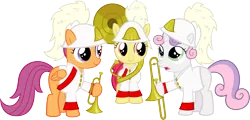 Size: 6225x3000 | Tagged: apple bloom, artist:supermatt314, bugle, clothes, cutie mark crusaders, derpibooru import, musical instrument, safe, scootaloo, simple background, sousaphone, sweetie belle, transparent background, trombone, uniform, vector