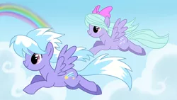 Size: 6001x3376 | Tagged: safe, artist:veganya, derpibooru import, cloudchaser, flitter, pegasus, pony, cloud, duo, duo female, female, flying, looking forward, mare, rainbow, sky, spread wings, windswept mane, wings