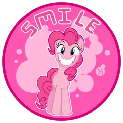 Size: 735x735 | Tagged: safe, artist:zobe, derpibooru import, pinkie pie, earth pony, pony, abstract background, female, grin, looking at you, mare, round, smiling, solo, standing