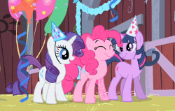 Size: 914x582 | Tagged: animated, dancing, derpibooru import, hat, party, party hat, party of one, pinkie pie, rarity, safe, screencap, streamers, twilight sparkle