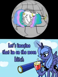 Size: 1608x2100 | Tagged: safe, artist:junkiekb, artist:syntaxbananaz, derpibooru import, princess celestia, princess luna, pony, a canterlot wedding, filly, luna is friggen useless, popcorn, s1 luna, schadenfreude, telescope, vulgar, woona