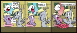 Size: 900x394 | Tagged: safe, artist:madmax, artist:pacce, derpibooru import, derpy hooves, dinky hooves, ghost, pegasus, pony, unicorn, boo (super mario), comic, covering eyes, crossover, dialogue, female, filly, mare, mario, peekaboo, scared, super mario bros., underp