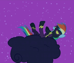 Size: 474x405 | Tagged: safe, derpibooru import, screencap, rainbow dash, pegasus, pony, luna eclipsed, animated, clothes, cloud, costume, cropped, female, hoofy-kicks, hooves, laughing, lying on a cloud, mare, night, night sky, nightmare night costume, on a cloud, open mouth, shadowbolt dash, shadowbolts, shadowbolts costume, sky, solo, stars