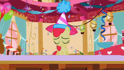 Size: 640x360 | Tagged: safe, derpibooru import, screencap, apple bloom, pinkie pie, earth pony, pony, the cutie pox, animated, confetti, duo, eyes closed, female, filly, foal, hat, mare, party, party hat, sad, streamers, sugarcube corner