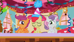 Size: 640x360 | Tagged: animated, apple bloom, confetti, cutie mark crusaders, derpibooru import, hat, noisemaker, party, party hat, pinkie pie, puffy cheeks, sad, safe, scootaloo, screencap, streamers, sugarcube corner, sweetie belle, the cutie pox