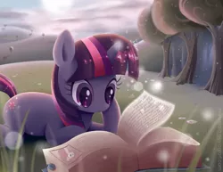 Size: 825x638 | Tagged: safe, artist:misteelala, derpibooru import, pinkie pie, twilight sparkle, insect, pony, unicorn, book, cloud, female, forest, grass, magic, mare, prone, smiling, solo, sun, that pony sure does love books, tree, unicorn twilight