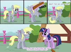 Size: 1133x831 | Tagged: artist needed, safe, derpibooru import, derpy hooves, twilight sparkle, pegasus, pony, artifact, comic, derpybuse, female, frown, grin, internet, mare, raised hoof, smiling, spread wings, underp